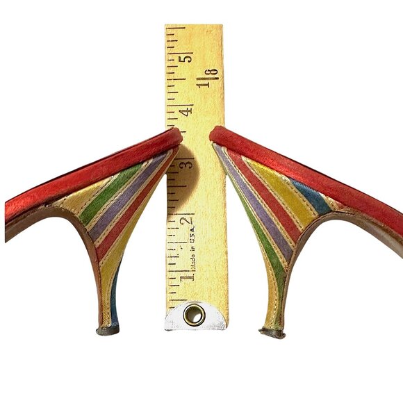Vintage Schiaparelli Rainbow Satin Heels –1950s 60s Mules with Ribbon Rosette, - Picture 14 of 16